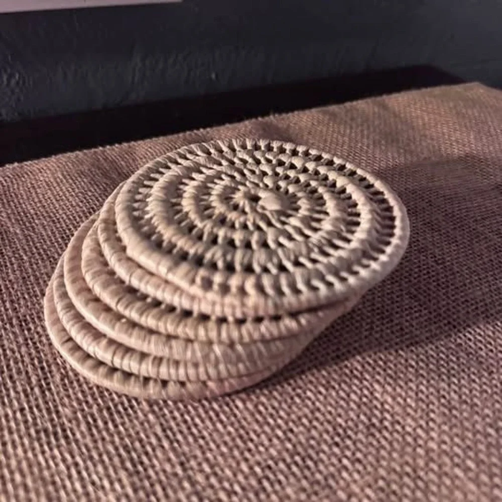 Boho Whitewashed Woven Rattan Coasters Set of 6 Round Drink Table Decor